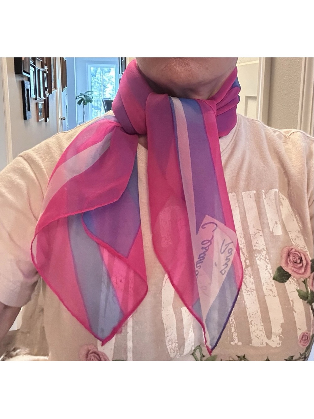 VTG Cesandre Paris hot Pink & blue Sheer Scarf MOD Chiffon 28” square
